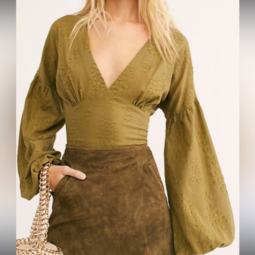 Free people green plunge neck blouse